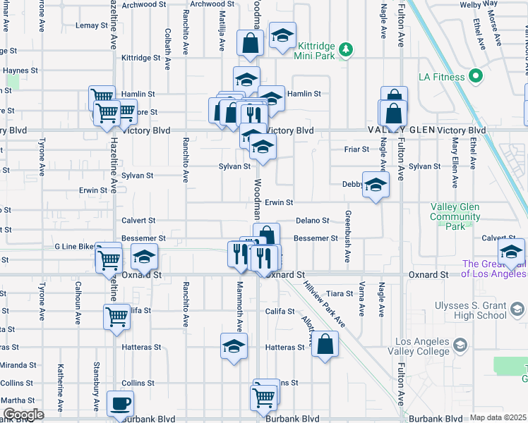 map of restaurants, bars, coffee shops, grocery stores, and more near 6126 Woodman Avenue in Los Angeles
