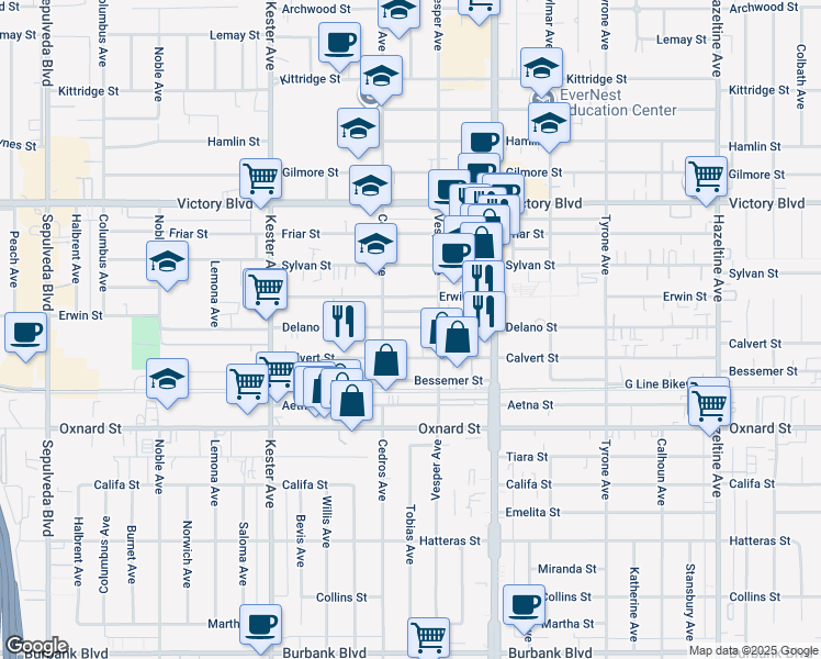 map of restaurants, bars, coffee shops, grocery stores, and more near 14633 Calvert Street in Los Angeles