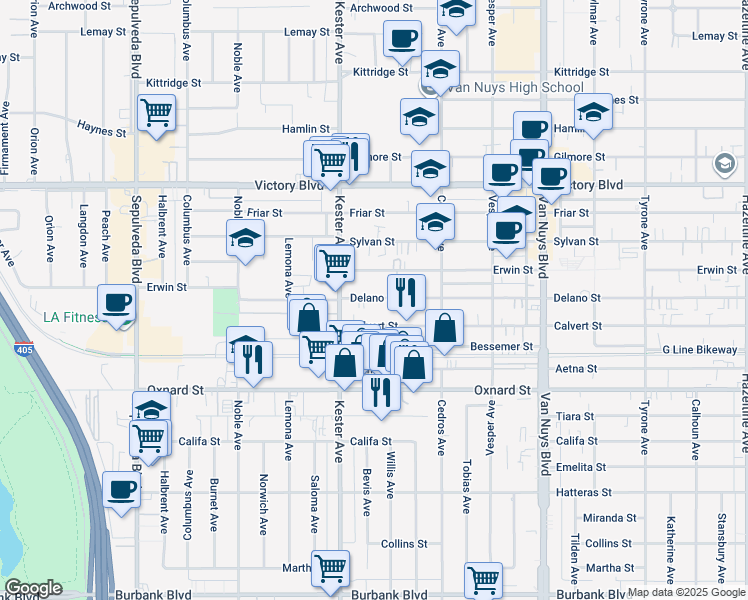 map of restaurants, bars, coffee shops, grocery stores, and more near 14833 Calvert Street in Los Angeles