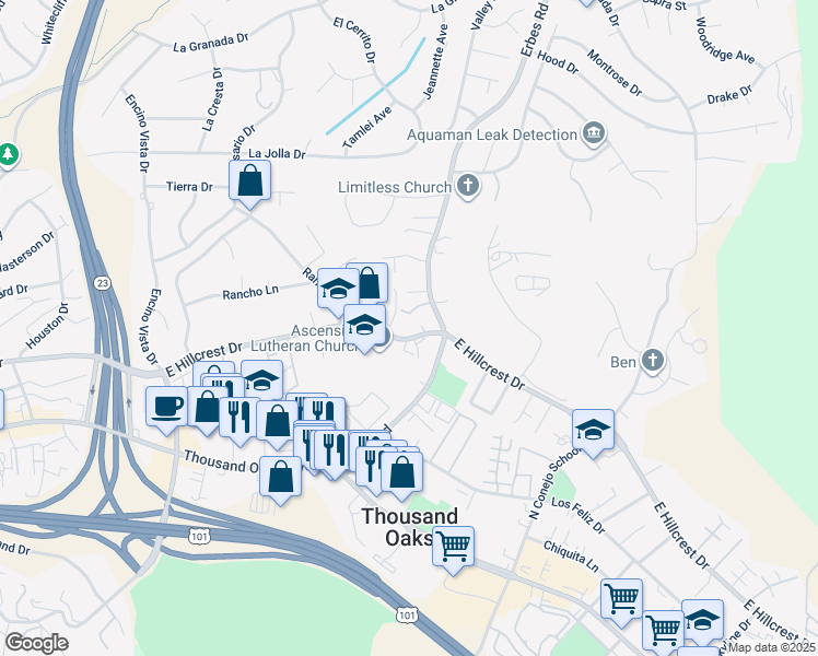 map of restaurants, bars, coffee shops, grocery stores, and more near in Thousand Oaks