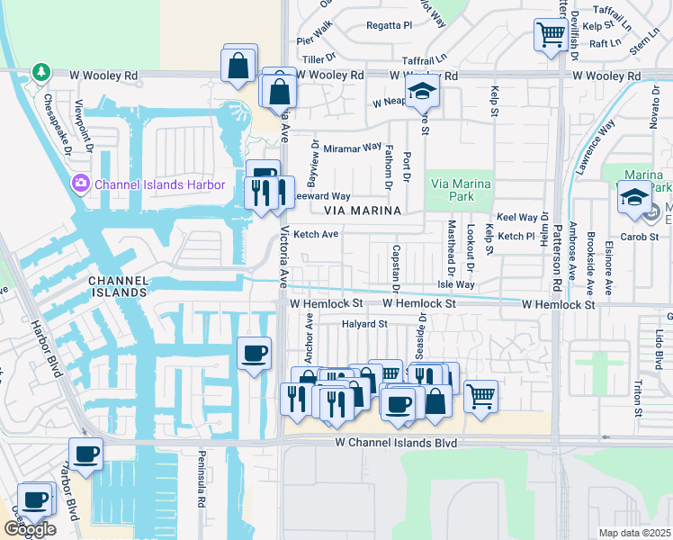 map of restaurants, bars, coffee shops, grocery stores, and more near 1904 Fisher Drive in Oxnard