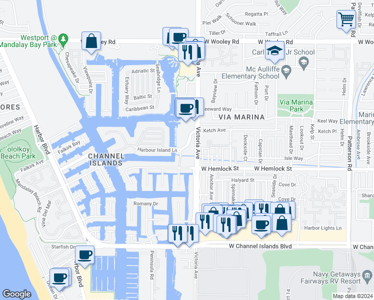 map of restaurants, bars, coffee shops, grocery stores, and more near in Oxnard