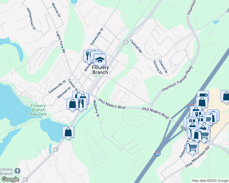 map of restaurants, bars, coffee shops, grocery stores, and more near 5446 Railway Lane in Flowery Branch