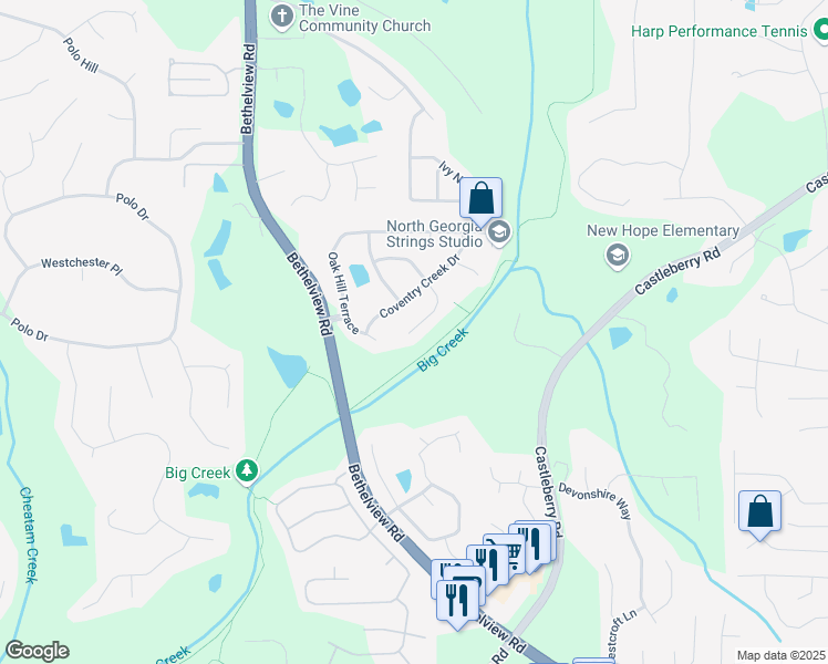 map of restaurants, bars, coffee shops, grocery stores, and more near 5249 Huntington Crest Lane in Cumming