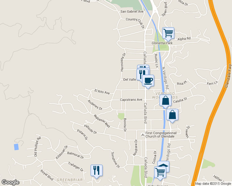 map of restaurants, bars, coffee shops, grocery stores, and more near 2450 Hermosita Drive in Glendale