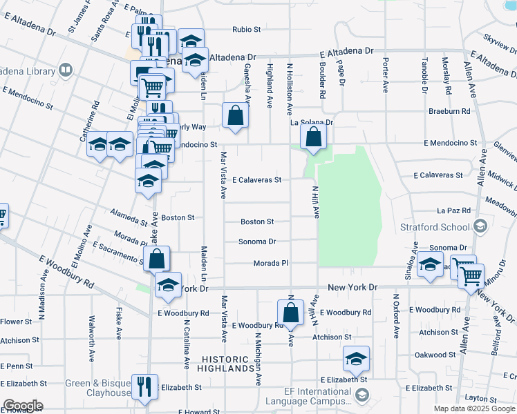 map of restaurants, bars, coffee shops, grocery stores, and more near 1232 Meadowbrook Road in Altadena
