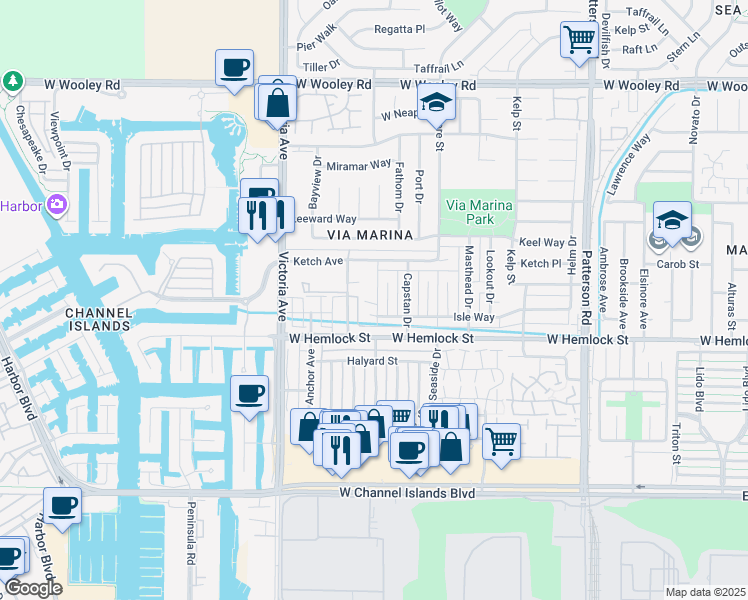 map of restaurants, bars, coffee shops, grocery stores, and more near 1834 Fisher Court in Oxnard