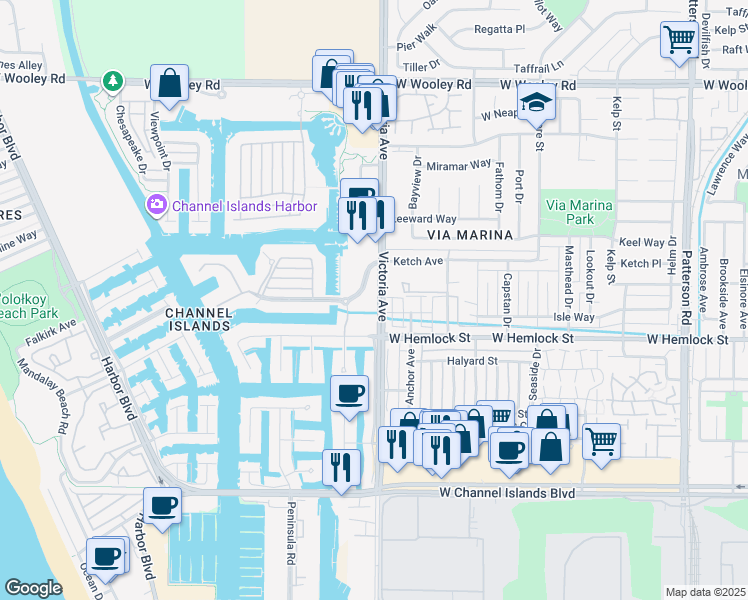 map of restaurants, bars, coffee shops, grocery stores, and more near 1901 Victoria Avenue in Oxnard