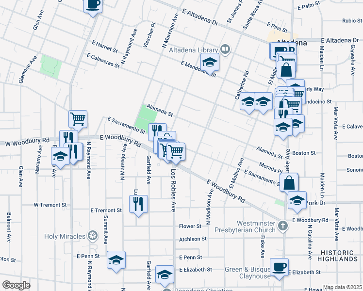 map of restaurants, bars, coffee shops, grocery stores, and more near 455 East Sacramento Street in Altadena