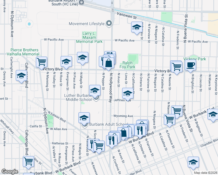 map of restaurants, bars, coffee shops, grocery stores, and more near 1847 North Hollywood Way in Burbank