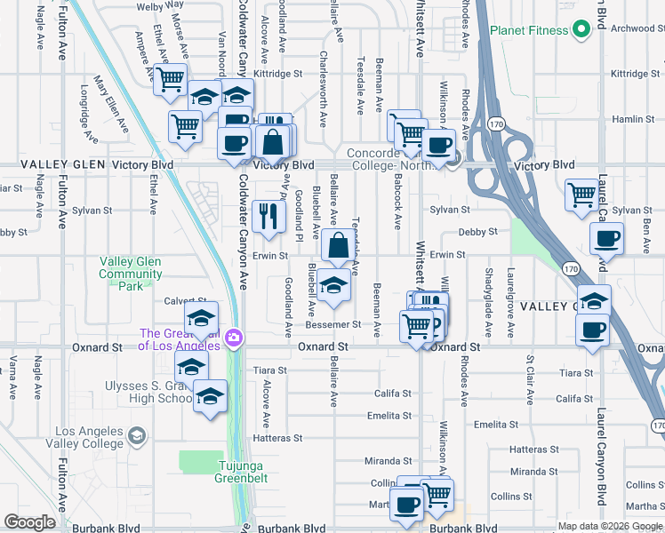 map of restaurants, bars, coffee shops, grocery stores, and more near 6155 Bellaire Avenue in Los Angeles