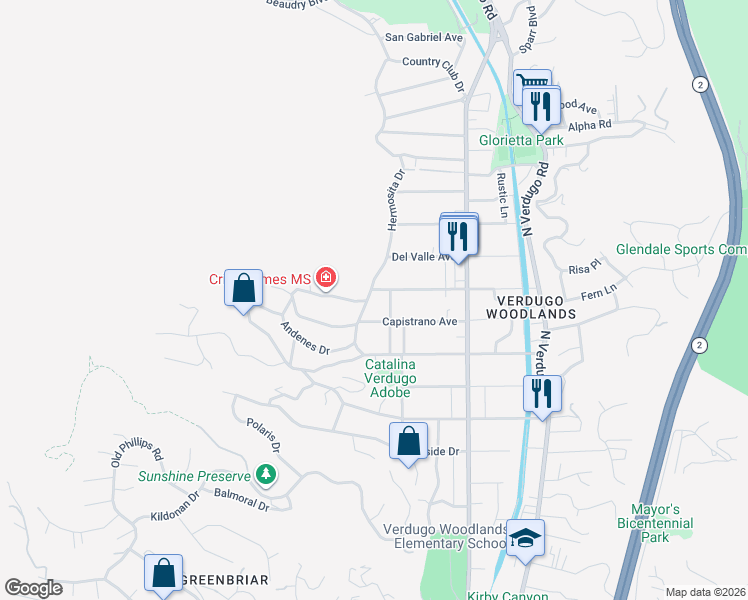 map of restaurants, bars, coffee shops, grocery stores, and more near 2450 Hermosita Drive in Glendale