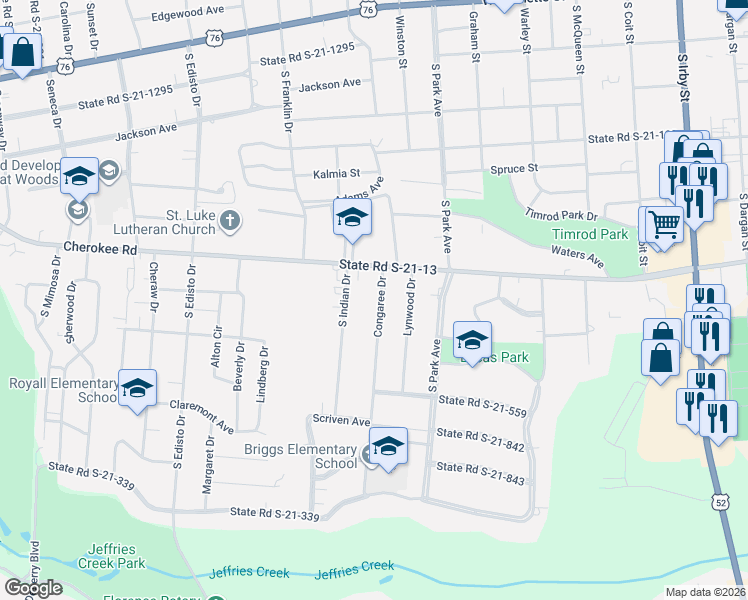 map of restaurants, bars, coffee shops, grocery stores, and more near 817 Congaree Drive in Florence