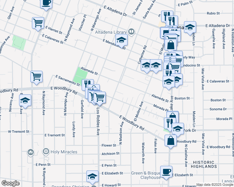 map of restaurants, bars, coffee shops, grocery stores, and more near 554 Buena Loma Street in Altadena