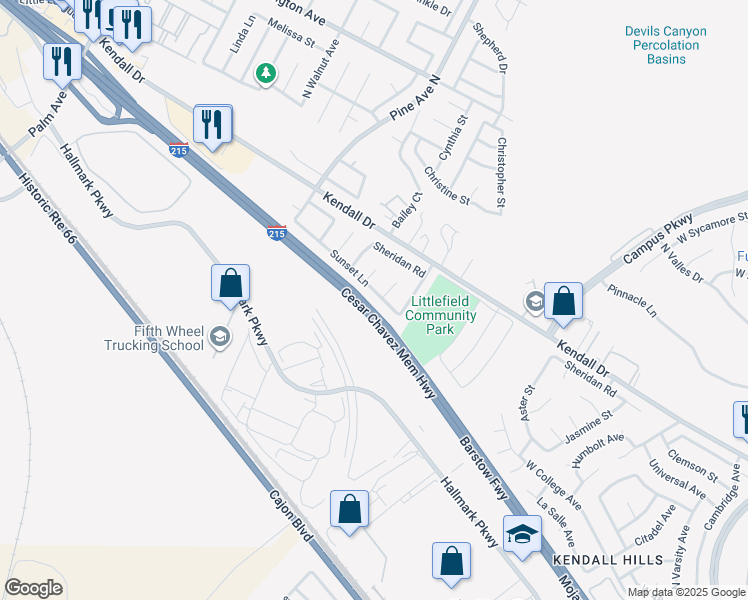 map of restaurants, bars, coffee shops, grocery stores, and more near 2649 Sunset Lane in San Bernardino