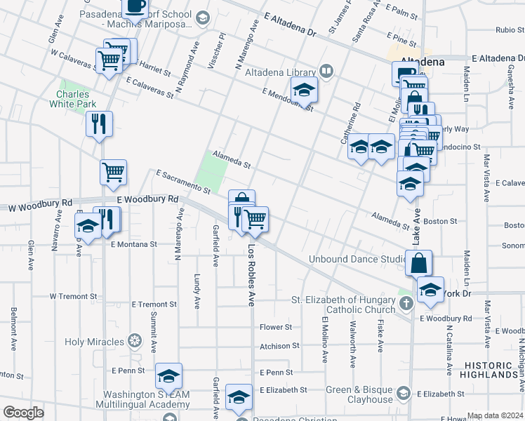 map of restaurants, bars, coffee shops, grocery stores, and more near 453 East Sacramento Street in Altadena