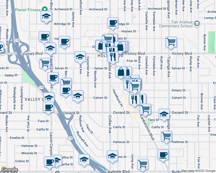 map of restaurants, bars, coffee shops, grocery stores, and more near 6147 Colfax Avenue in Los Angeles
