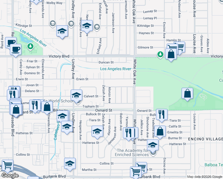 map of restaurants, bars, coffee shops, grocery stores, and more near 6201 Alonzo Avenue in Los Angeles
