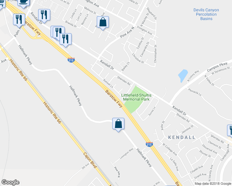 map of restaurants, bars, coffee shops, grocery stores, and more near 2649 Sunset Lane in San Bernardino