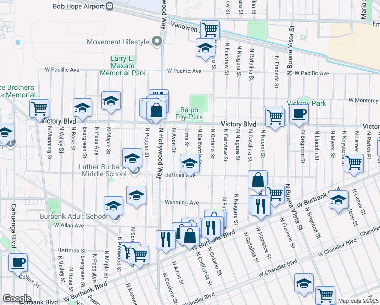map of restaurants, bars, coffee shops, grocery stores, and more near 1742 Lima Street in Burbank