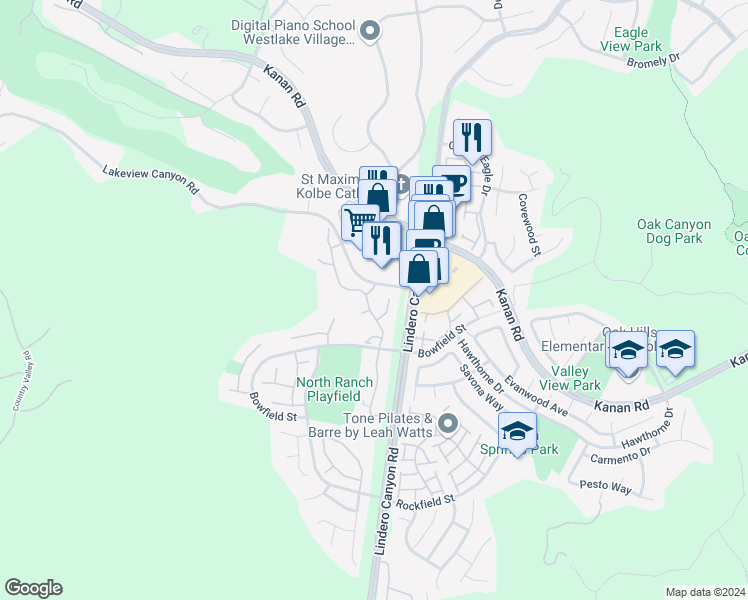 map of restaurants, bars, coffee shops, grocery stores, and more near 1074 Westcreek Lane in Westlake Village