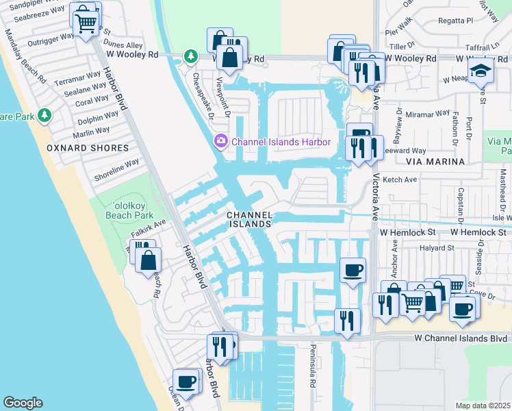 map of restaurants, bars, coffee shops, grocery stores, and more near 4241 Harbour Island Lane in Oxnard