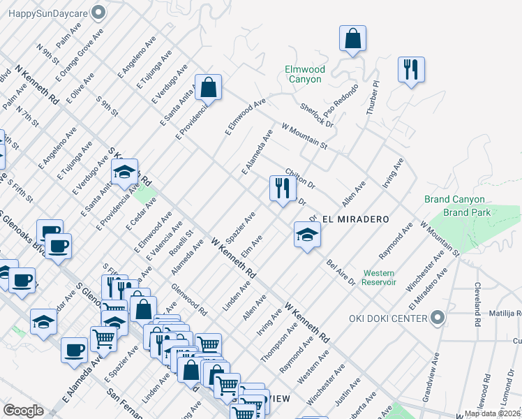 map of restaurants, bars, coffee shops, grocery stores, and more near 2000 Bel Aire Drive in Glendale