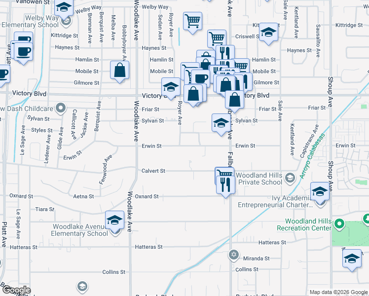 map of restaurants, bars, coffee shops, grocery stores, and more near 22960 Erwin Street in Los Angeles
