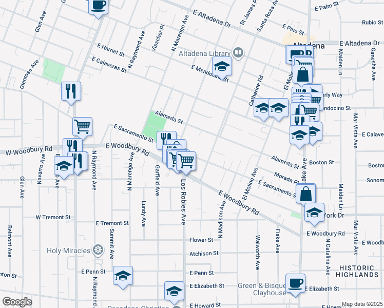 map of restaurants, bars, coffee shops, grocery stores, and more near 463 East Sacramento Street in Altadena