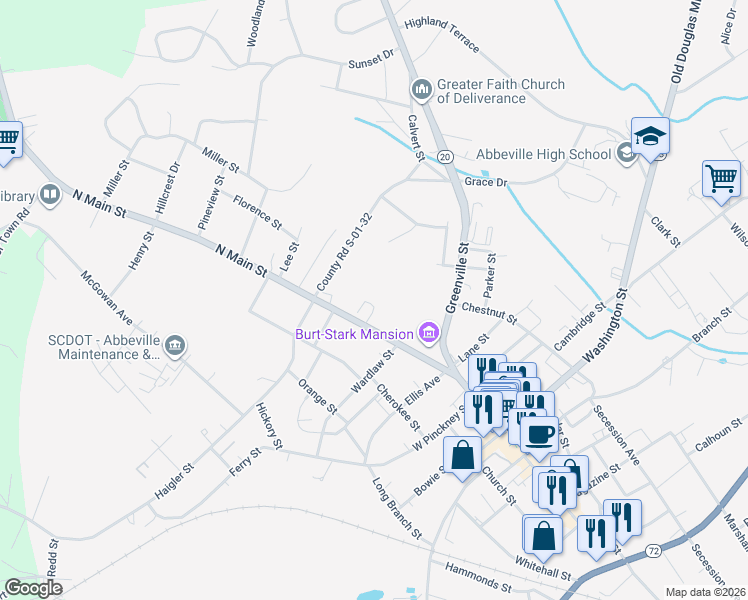 map of restaurants, bars, coffee shops, grocery stores, and more near 506 North Main Street in Abbeville