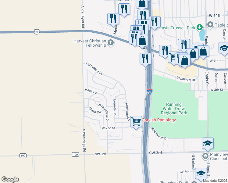 map of restaurants, bars, coffee shops, grocery stores, and more near 404 Mesa Cir in Plainview