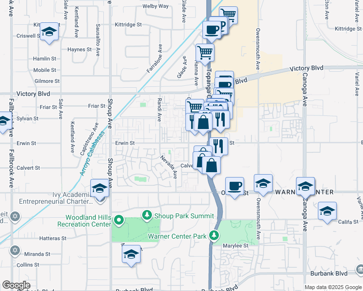 map of restaurants, bars, coffee shops, grocery stores, and more near 6121 Glade Avenue in Los Angeles