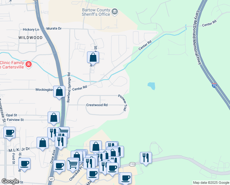 map of restaurants, bars, coffee shops, grocery stores, and more near 112 Pioneer Trail in Cartersville