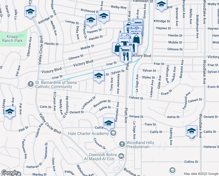 map of restaurants, bars, coffee shops, grocery stores, and more near 23821 Calvert Street in Los Angeles