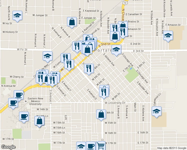 map of restaurants, bars, coffee shops, grocery stores, and more near 421 South Avenue B in Portales