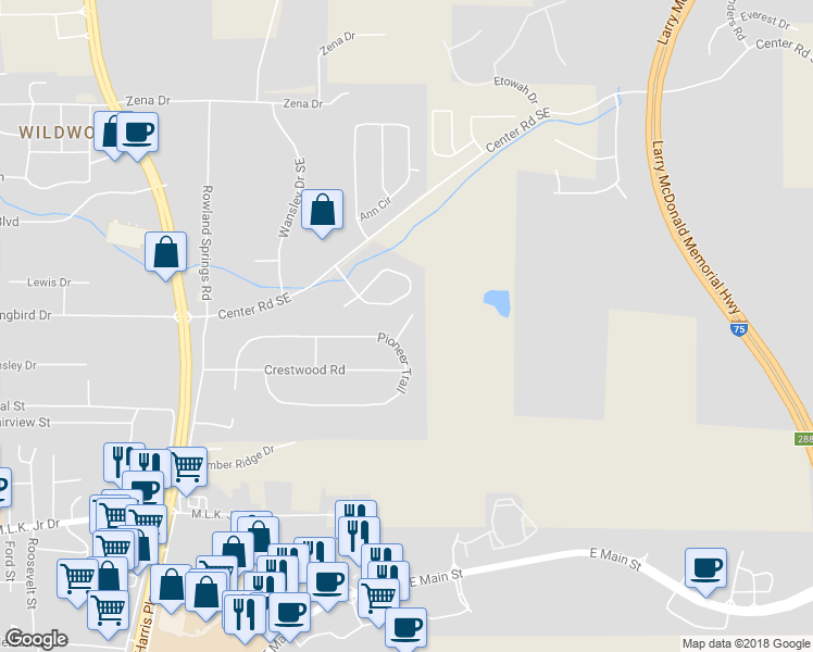 map of restaurants, bars, coffee shops, grocery stores, and more near 99 Powers Court in Cartersville