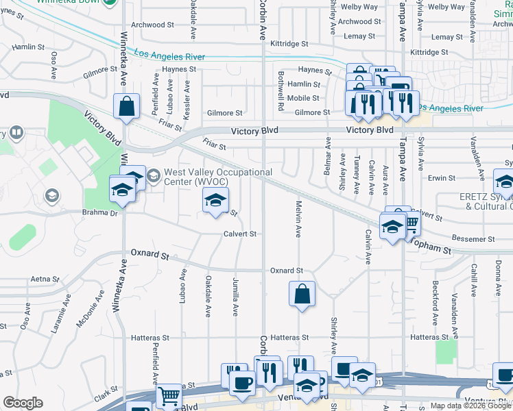 map of restaurants, bars, coffee shops, grocery stores, and more near 6118 Jumilla Avenue in Los Angeles