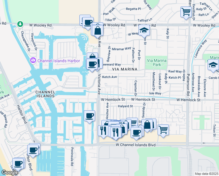map of restaurants, bars, coffee shops, grocery stores, and more near 3664 Islander Walk in Oxnard