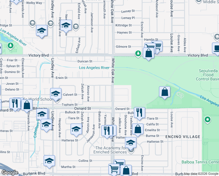 map of restaurants, bars, coffee shops, grocery stores, and more near 6207 White Oak Avenue in Los Angeles