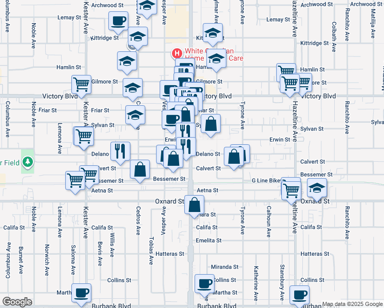 map of restaurants, bars, coffee shops, grocery stores, and more near in Los Angeles