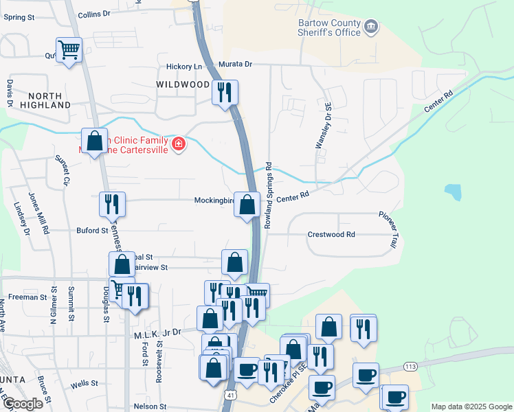 map of restaurants, bars, coffee shops, grocery stores, and more near 724 Georgia 3 in Cartersville