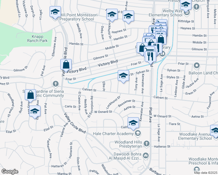 map of restaurants, bars, coffee shops, grocery stores, and more near 6153 Debs Avenue in Los Angeles