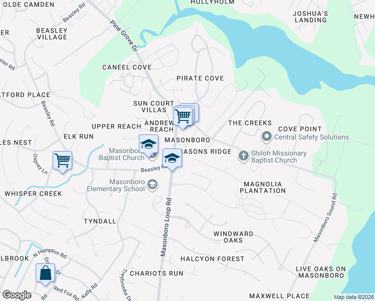 map of restaurants, bars, coffee shops, grocery stores, and more near 3431 Masonboro Loop Road in Wilmington