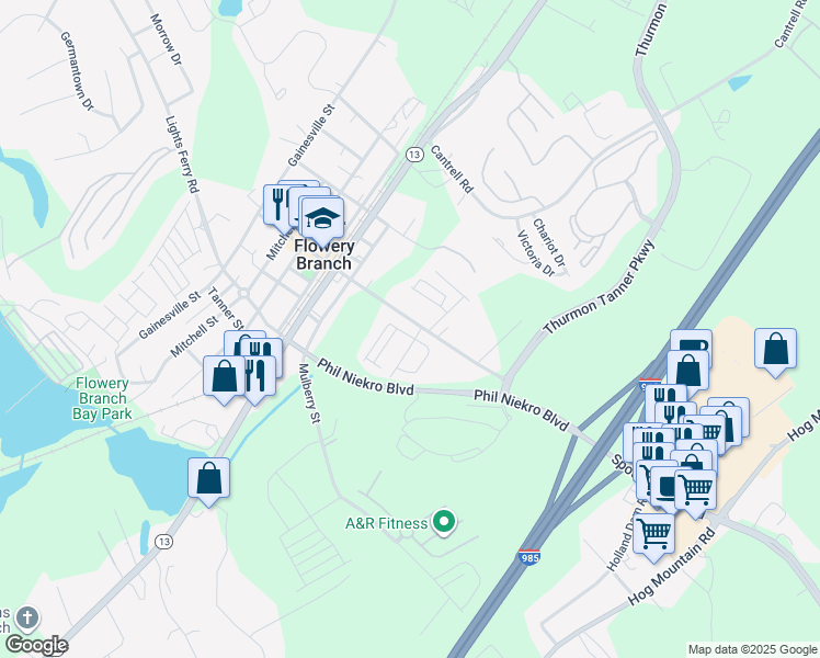 map of restaurants, bars, coffee shops, grocery stores, and more near 5284-5464 East Main Street in Flowery Branch