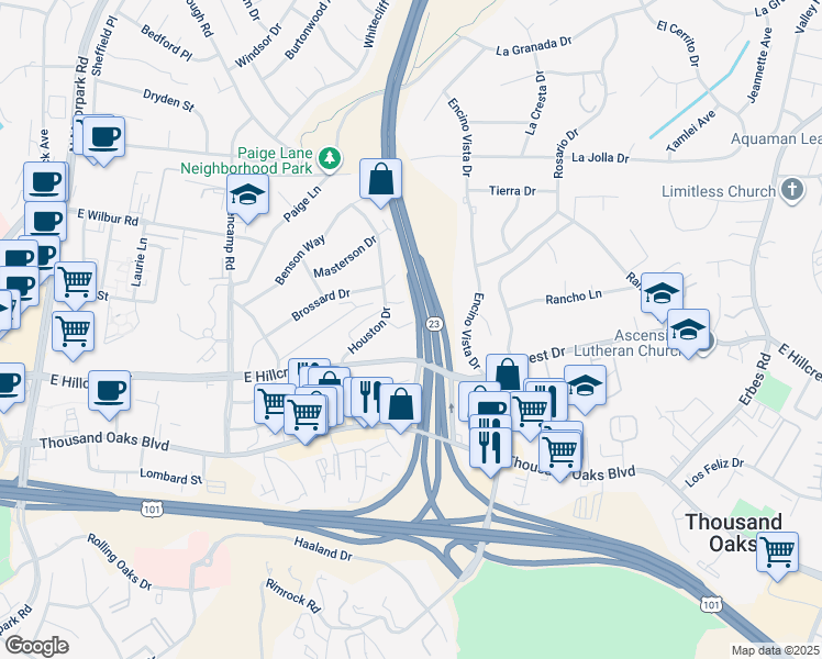 map of restaurants, bars, coffee shops, grocery stores, and more near 978 Bower Way in Thousand Oaks