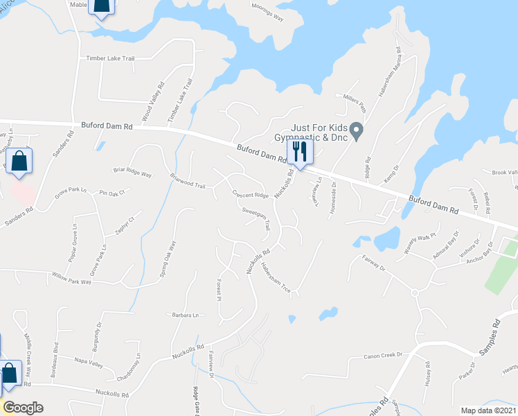 map of restaurants, bars, coffee shops, grocery stores, and more near 2005 Sweetgum Trail in Cumming