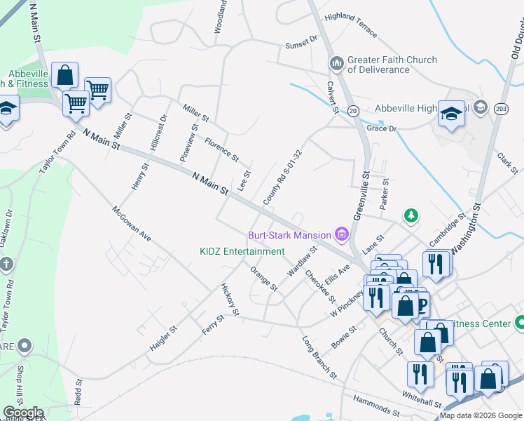 map of restaurants, bars, coffee shops, grocery stores, and more near 101 Haigler Street in Abbeville