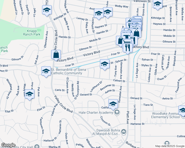 map of restaurants, bars, coffee shops, grocery stores, and more near 6153 Debs Avenue in Los Angeles