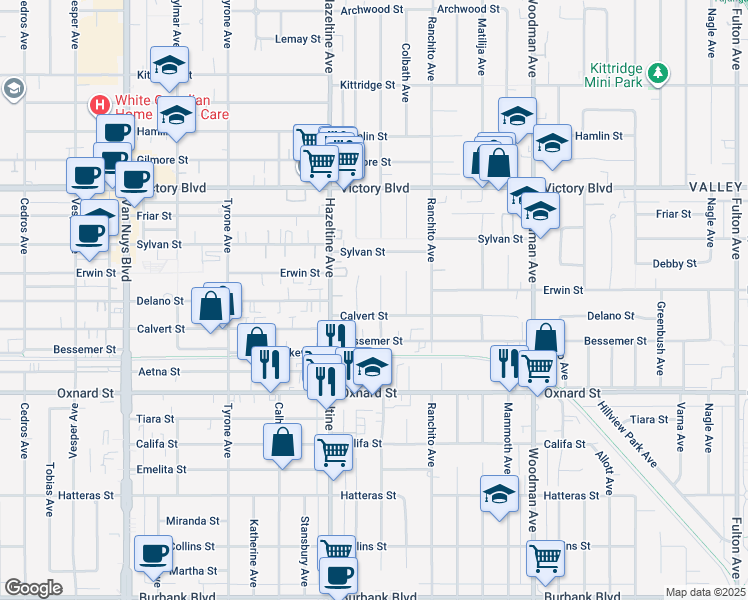 map of restaurants, bars, coffee shops, grocery stores, and more near 6167 Costello Avenue in Los Angeles