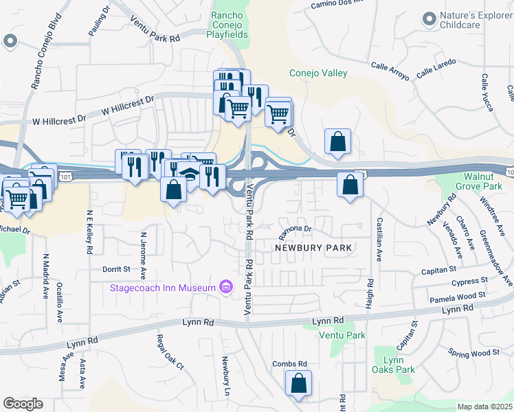 map of restaurants, bars, coffee shops, grocery stores, and more near 1521 Ventu Park Road in Thousand Oaks